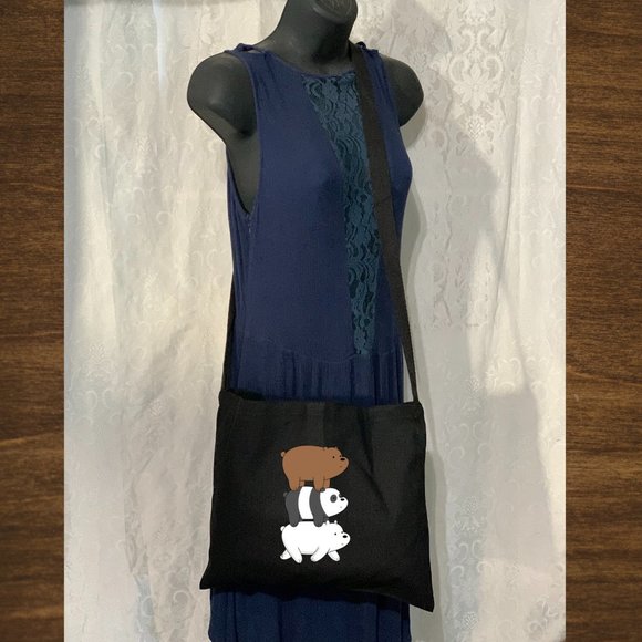 We Bear Bear Cute Crossbody Messenger Canvas Tote Bag with Long Straps - Picture 2 of 4